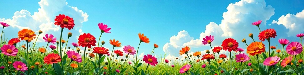 A colorful mix of zinnias and cosmos against the backdrop of a bright blue summer sky, nature, field, flowers