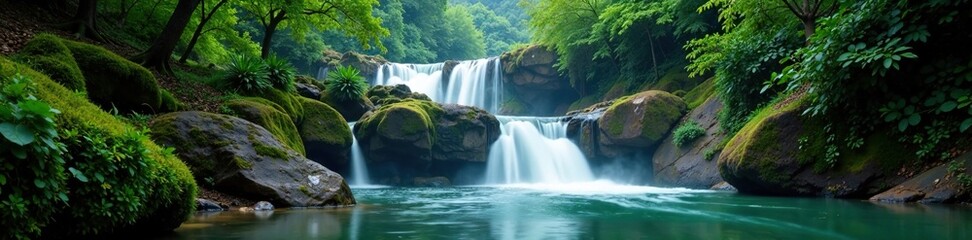 Naklejka premium A small waterfall in Hong Kong's forest creates a soothing sound that fills the air with water and mist, wasserfall, hongkong