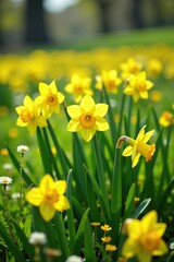 Obraz premium A field of bright yellow daffodils amidst a sea of green grass and wildflowers, bloom, spring, landscape