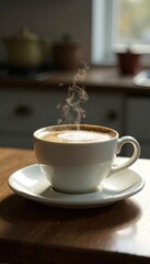 A steaming cup of coffee with a spoonful of sugar on the rim, liquid, table, kitchen