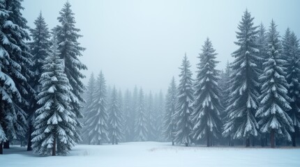 Naklejka premium Serene Winter Wonderland: A Captivating Scene of Snow-Covered Pine Trees in a Foggy Landscape