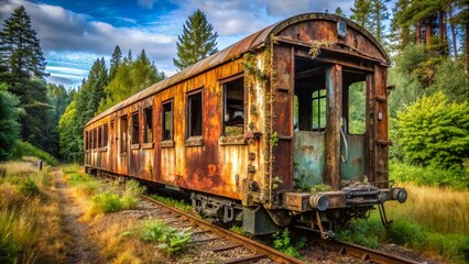 Obraz premium Rusty Oregon Train Wreck: Abandoned Wagon in Rural Countryside