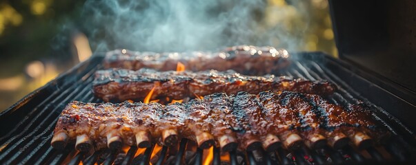 A dramatic barbecue background featuring crackling charcoal, radiant heat, and flickering flames under a smoky haze