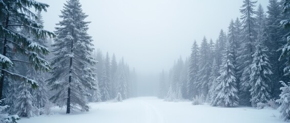 Fototapeta premium Serene Winter Wonderland: Majestic Snow-Covered Forest Landscape Captured in Tranquil Foggy Conditions