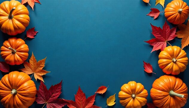 Autumnal arrangement of orange pumpkins and leaves against a deep blue background, blue, fall