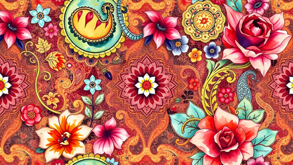 Intricate watercolor paisley pattern, multicolor, rich textures, vibrant hues, seamless floral design, women clothing, abstract elements, intricate vines, blooming flowers. Generative AI