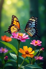 butterflies sipping nectar from flowers, sweet scents fill air, forest blooms, colorful petals