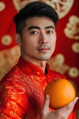 Asian Man in Red Traditional Attire Holding an Orange