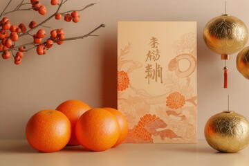Festive Snake and Oranges Illustration with Chinese Calligraphy