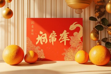 Festive Snake and Oranges Illustration with Chinese Calligraphy