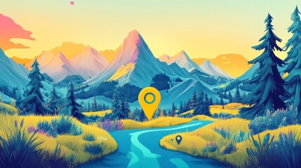 A vibrant, stylized landscape featuring mountains, trees, and a bright yellow location pin, symbolizing navigation and exploration in nature.