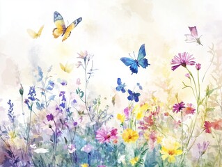Ethereal watercolor illustration of a dreamy meadow with colorful wildflowers and butterflies, high-quality, ethereal allure, nature's symphony