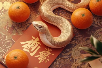 Festive Snake and Oranges Illustration with Chinese Calligraphy