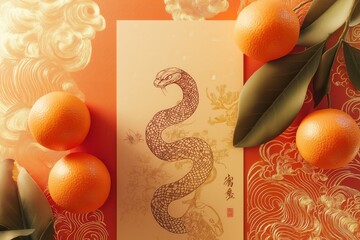 Festive Snake and Oranges Illustration with Chinese Calligraphy