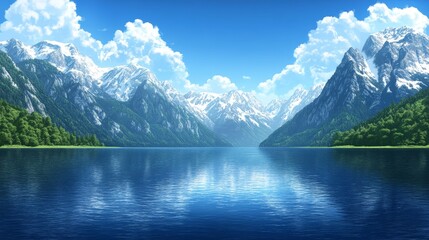Obraz premium Serene alpine lake nestled between snow-capped mountains under a vibrant sky