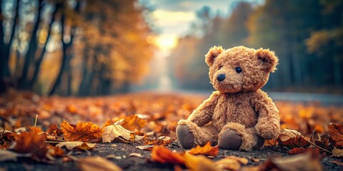 Sad Teddy Bear Abandoned in Lonely Autumn Landscape