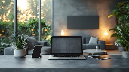 Modern home office setup featuring laptop and digital tablet in a cozy environment