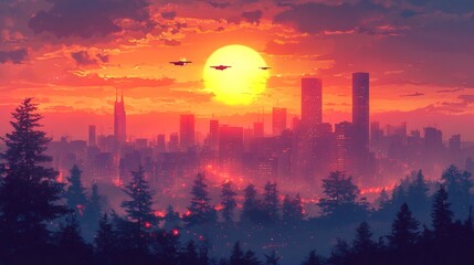 Fototapeta premium Futuristic city skyline at sunset with flying vehicles