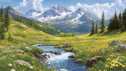 Fototapeta premium Serene Alpine Meadow with Snow-Capped Peaks and Gently Flowing Stream