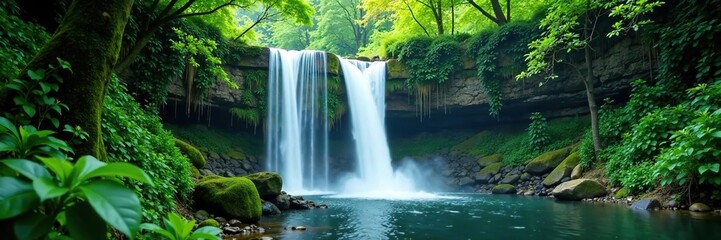 Obraz premium Dense foliage surrounding a vibrant waterfall, greenery, lush, foliage