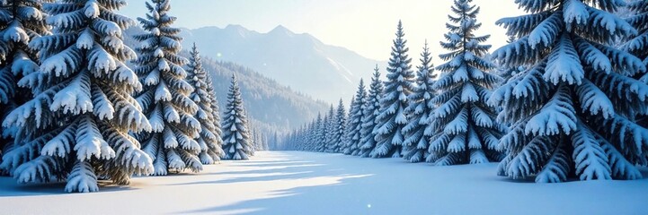 Fototapeta premium Dense spruce forest with frost-covered trees and a blanket of snow, white, covered