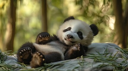 Obraz premium A playful panda cub lounging on a bed of bamboo leaves in a serene natural setting.