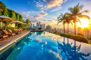 Fototapeta premium Sands Hotel Singapore Poolside Relaxation: Luxurious Infinity Pool with City Views