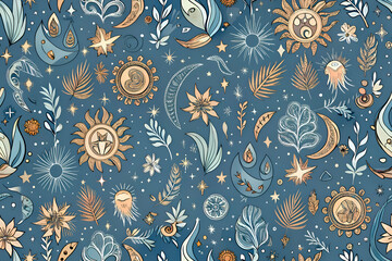 Mystical celestial pattern with sun. moon. stars. and botanical elements.