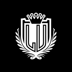 LU Letter logo heraldic shield shape with crown on black background template design
