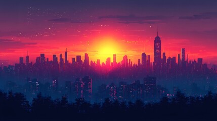 Fototapeta premium Vibrant cityscape shining under a majestic sunset: a minimalist vector illustration