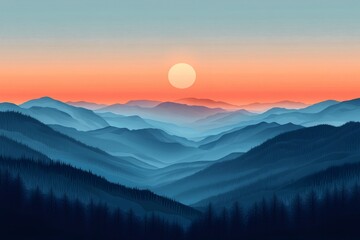 Fototapeta premium Sun shining over blue mountain ridges at sunset: minimalist vector landscape