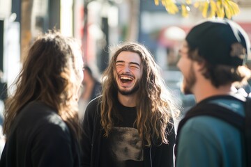 Obraz premium A group of friends laughing and talking together, showcasing the importance of social interaction in their healthy lifestyle