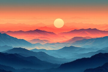 Sun shining over colorful mountain range at sunset