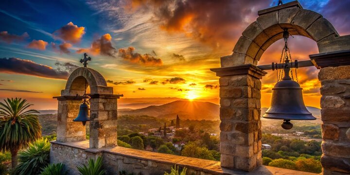 San Juan Capistrano Mission Bells: Double Exposure Sunset Stock Photo