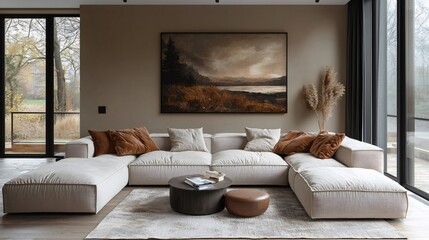 Modern apartment living room with comfortable modular sofa and large painting