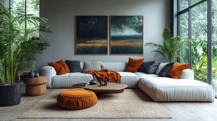 Modern apartment living room with biophilic design and landscape paintings