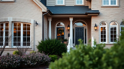 A tan brick house with a dark gray roof and white columns on the porch. Large windows and landscaping are visible. The image is slightly out of focus in the foreground.