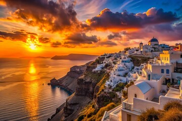 Fototapeta premium Santorini Sunset: Iconic Caldera Cliffs & Aegean Sea Panorama