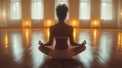 Woman meditating in lotus position in yoga studio with candles and wooden floor