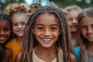 Fototapeta premium a cheerful group of elementary school children gather together for a selfie their bright smiles and playful expressions capturing the essence of childhood camaraderie and joy
