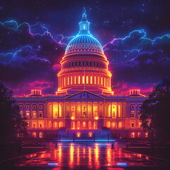 United states capitol building shining in neon lights at night