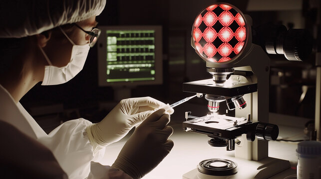 A scientist in gloves carefully prepares a syringe near a microscope, with a DNA double helix on a computer screen in the background.