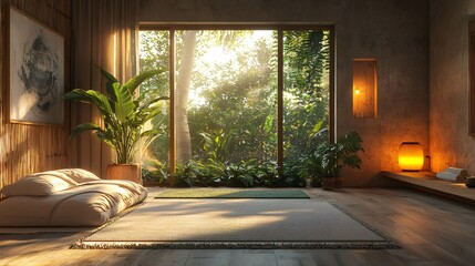 Serene yoga room with futon, plants, and warm lighting inviting relaxation and mindfulness