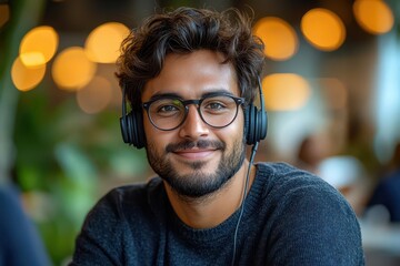 a cheerful indian male customer support representative wearing wireless headphones gazing directly at the viewer embodying professionalism and approachability