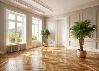 Fototapeta premium Scandinavian Interior: Empty Room with White Stucco Walls & Ash Wood Parquet Floor