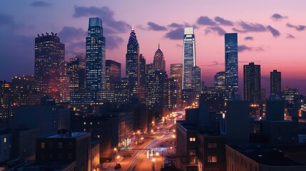 Naklejka premium A vibrant city skyline at dusk, featuring illuminated skyscrapers and a rising stock market graph overlay