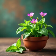 Delicate mint flowers unfolding in a shallow container, herb, stems