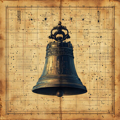 Liberty bell hanging on blueprint background symbolizing freedom and history