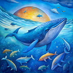 Fototapeta premium Enchanted whale swims with colorful fish.