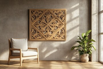 Serene Interior Design with Intricate Wooden Wall Art